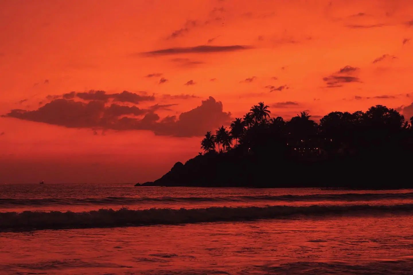 Night view of Dewata Beach in Sri Lanka, illuminated by soft lighting, with waves gently lapping the shore and silhouettes of palm trees against the night sky
