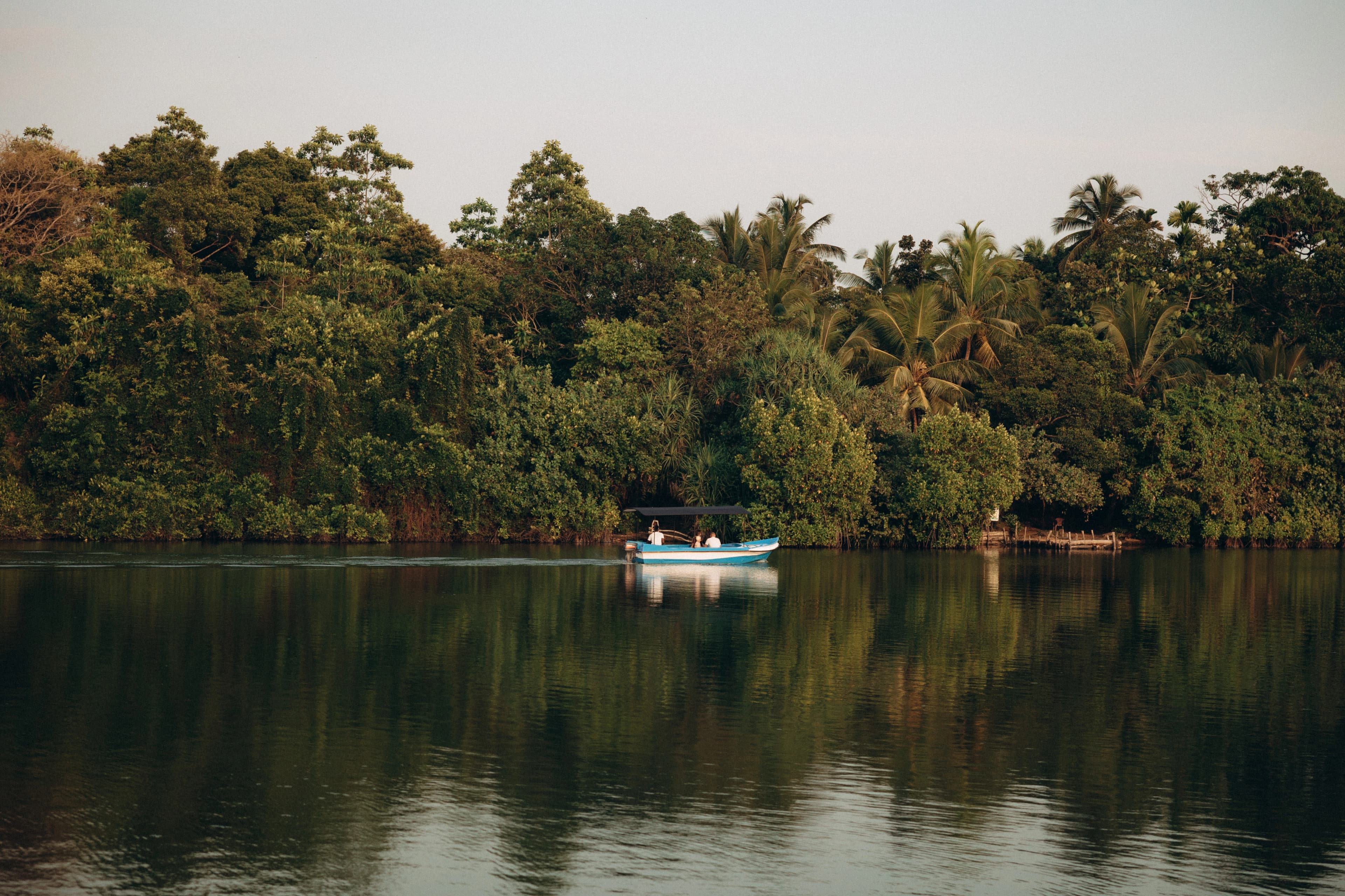 Boat tour near Lime House in Sri Lanka, featuring a small boat gliding through calm waters with lush green surroundings and traditional Sri Lankan architecture in the background
